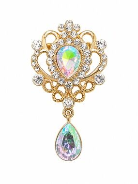 NEW Gold Tone AB Rhinestone Dangle Pin Iridescent Teardrop Crystal Brooch